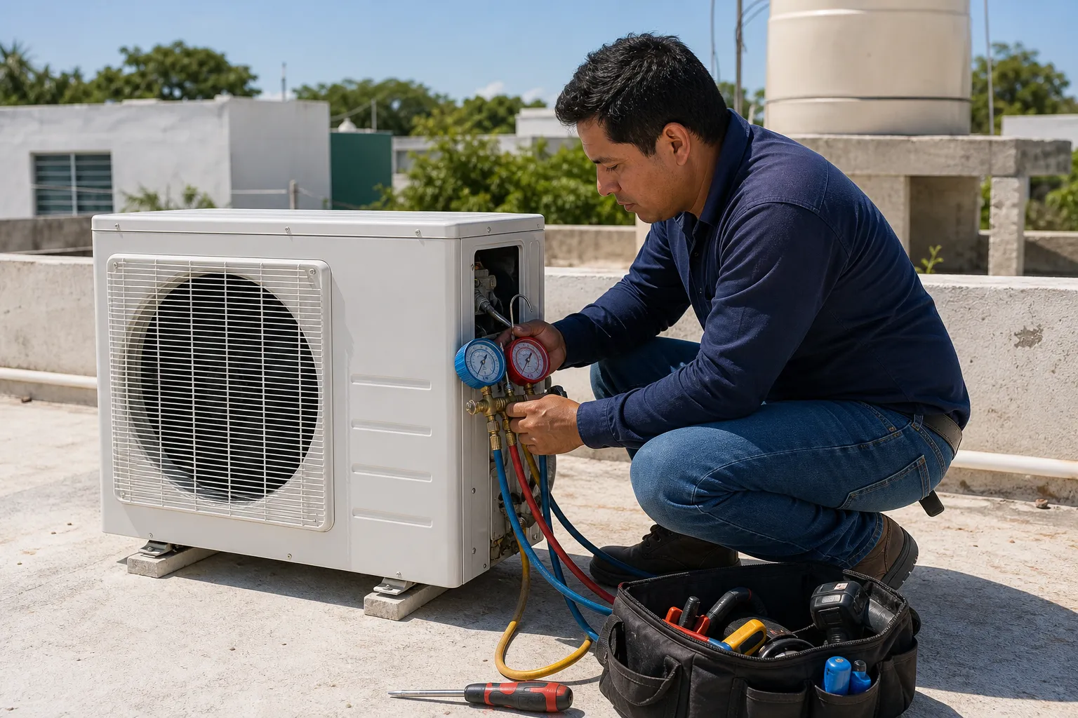 Técnico mexicano revisando condensador de minisplit con manómetros