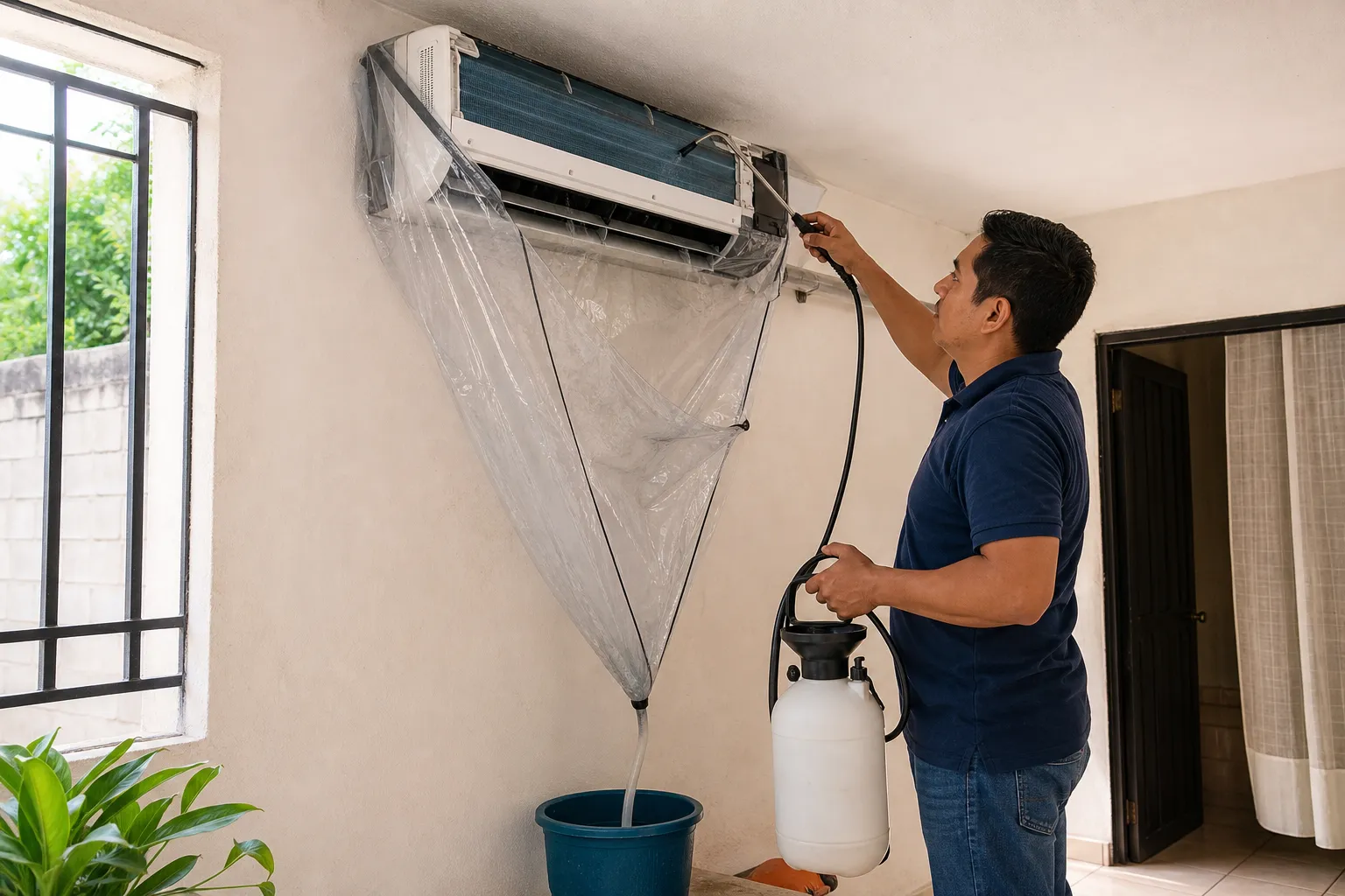 Técnico mexicano limpiando minisplit con bolsa de lavado