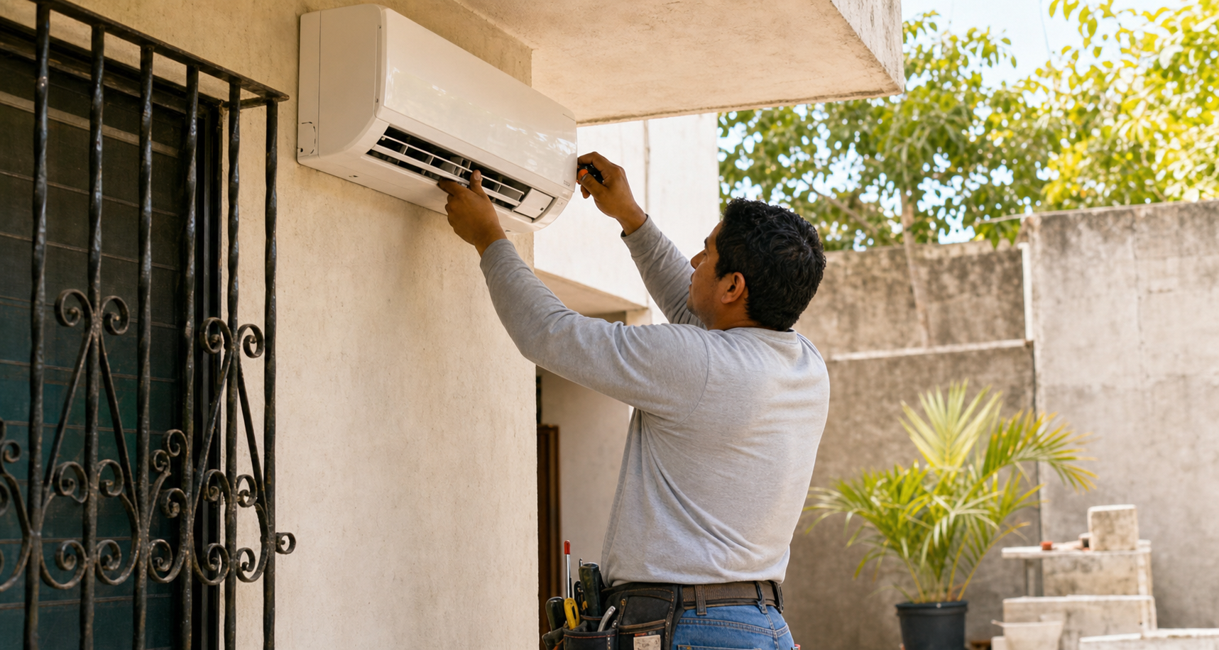Técnico instalando minisplit en Mérida