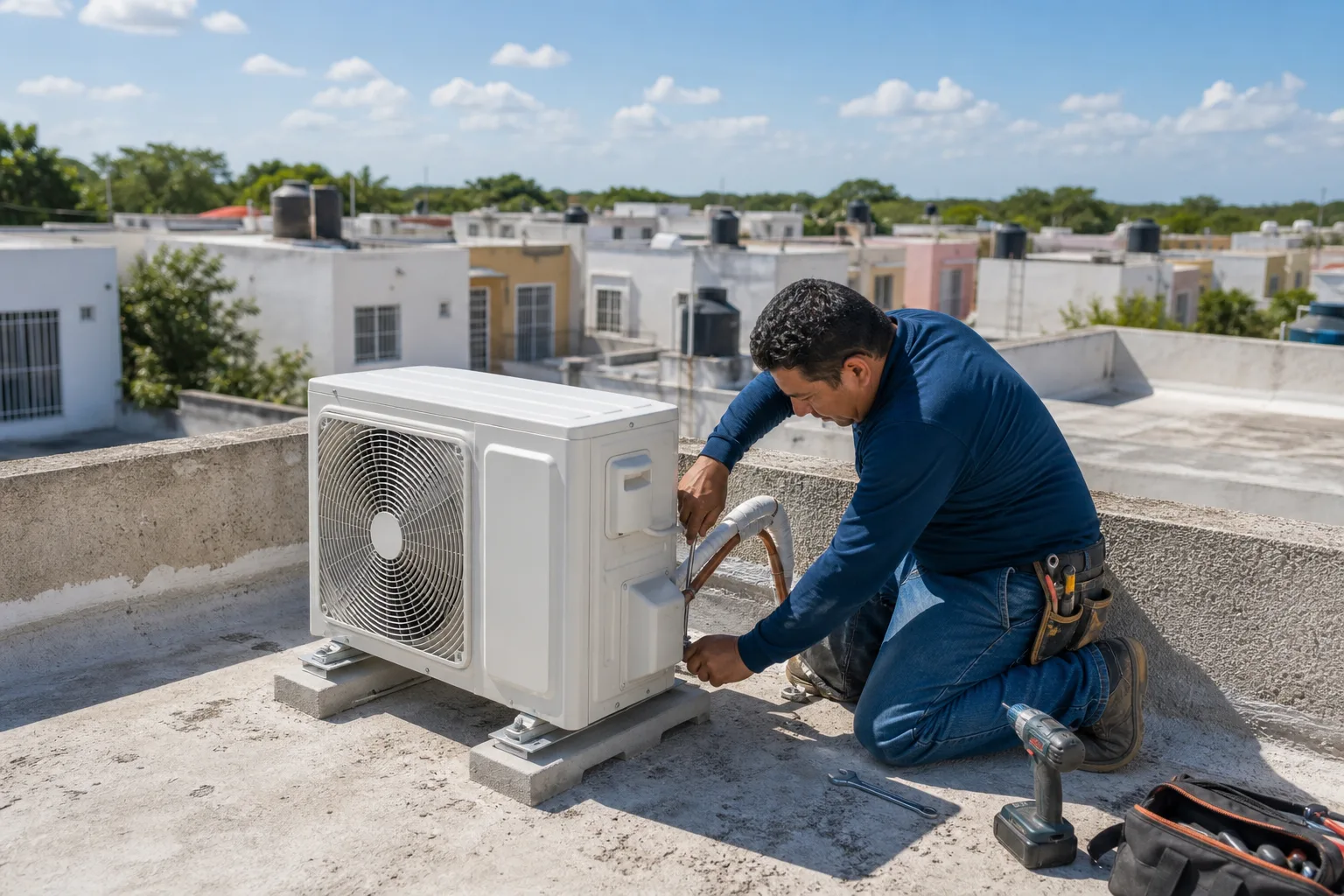 Instalación de condensador en azotea de fraccionamiento