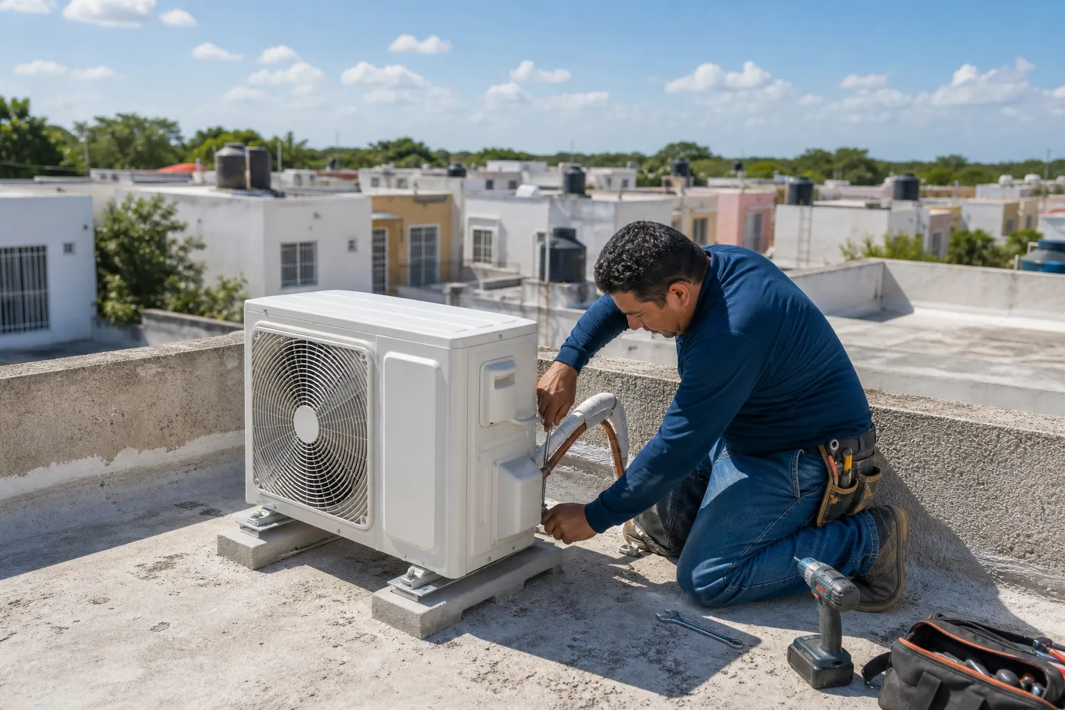 Técnico mexicano instalando condensador de minisplit en azotea
